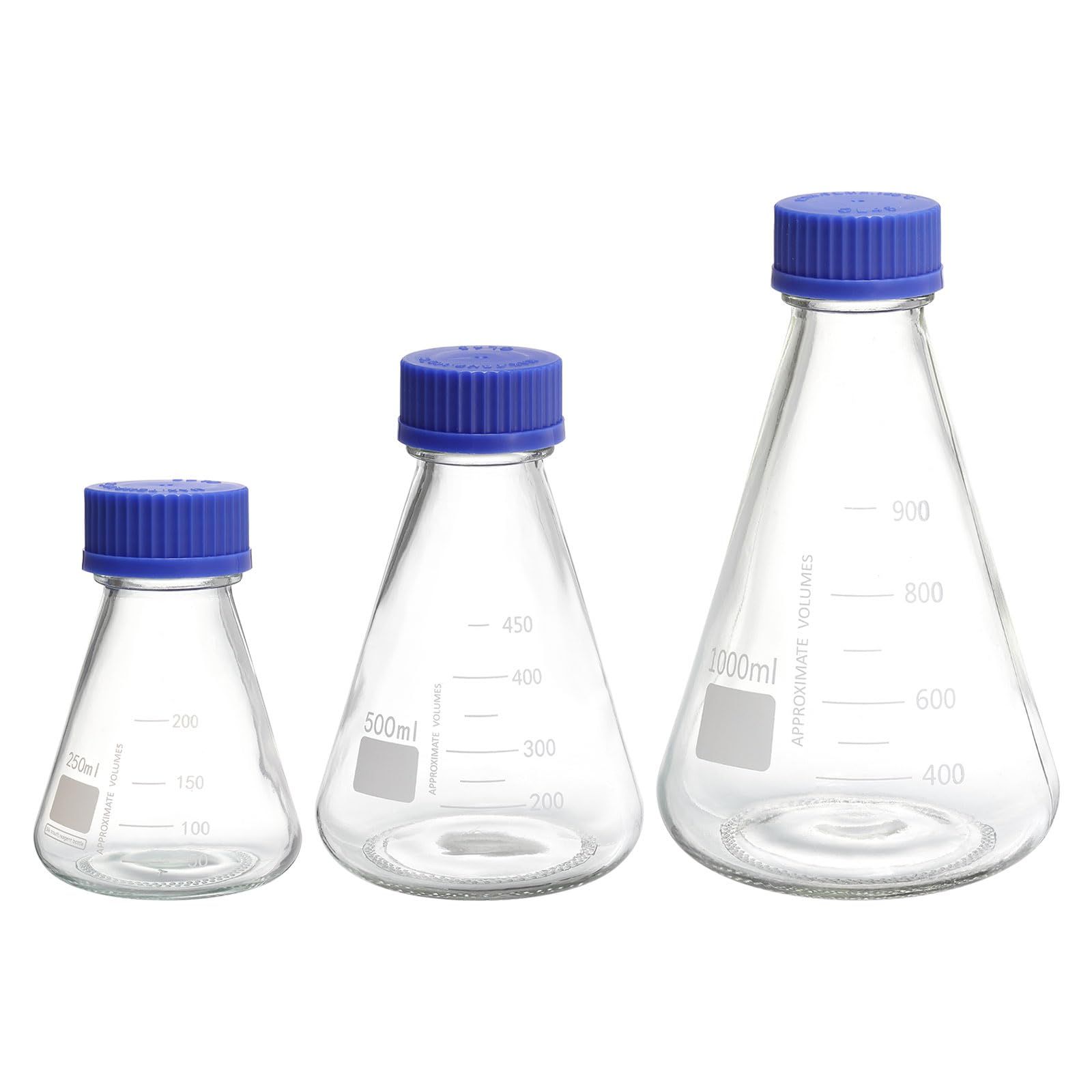 新品 PATIKIL 三角フラスコ セット 3個 250ml 500ml 1000ml 細口 目盛り付き ねじ込みキャップ ホウケイ酸ガラス 実験 化学 理科