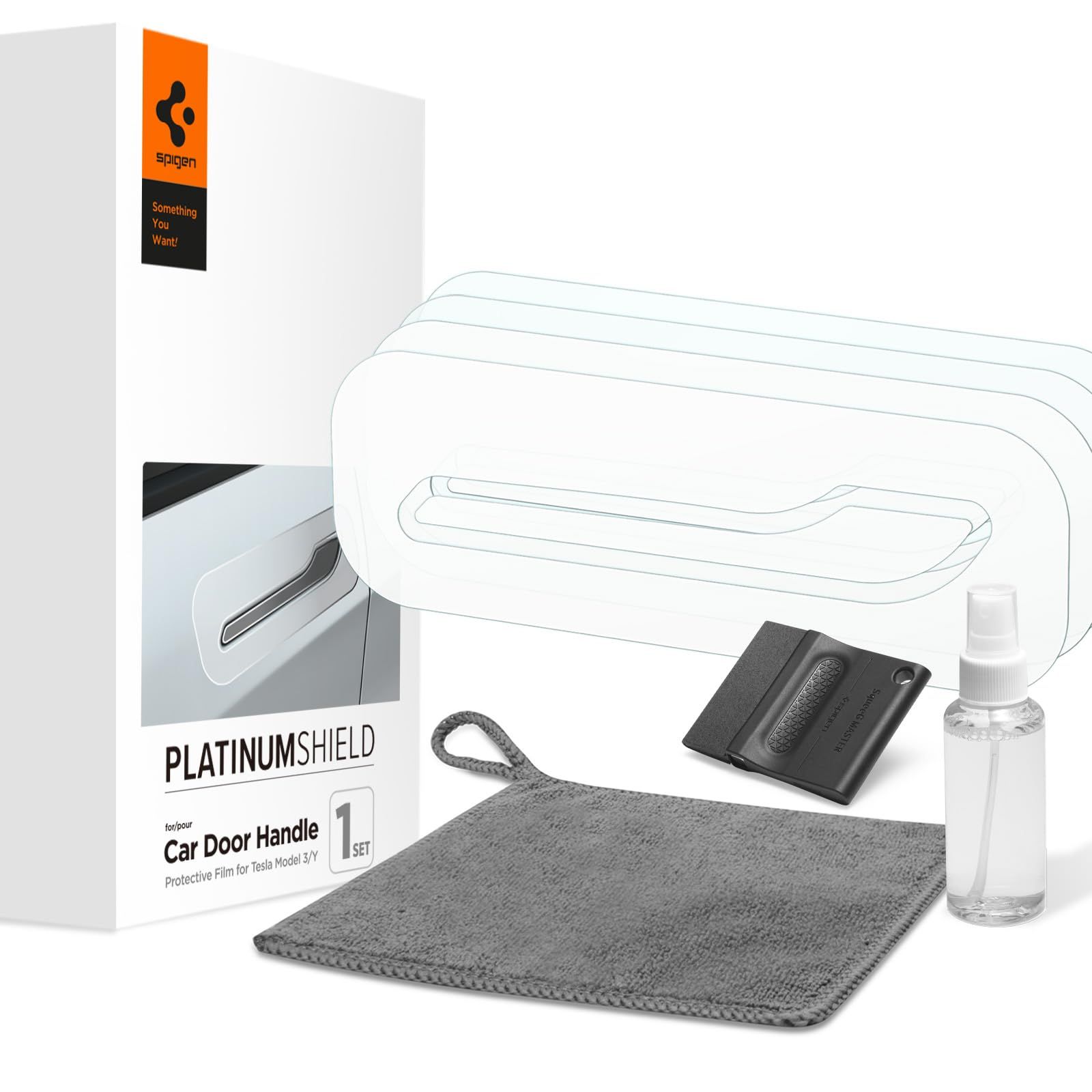 新品 Spigen プラチナテスラモデル3/Y車ドアハンドル用シールドペイント保護フィルム-1セット(ハンドル&アラウンドフィルム4パック+スキージ+クリーニングクロス)