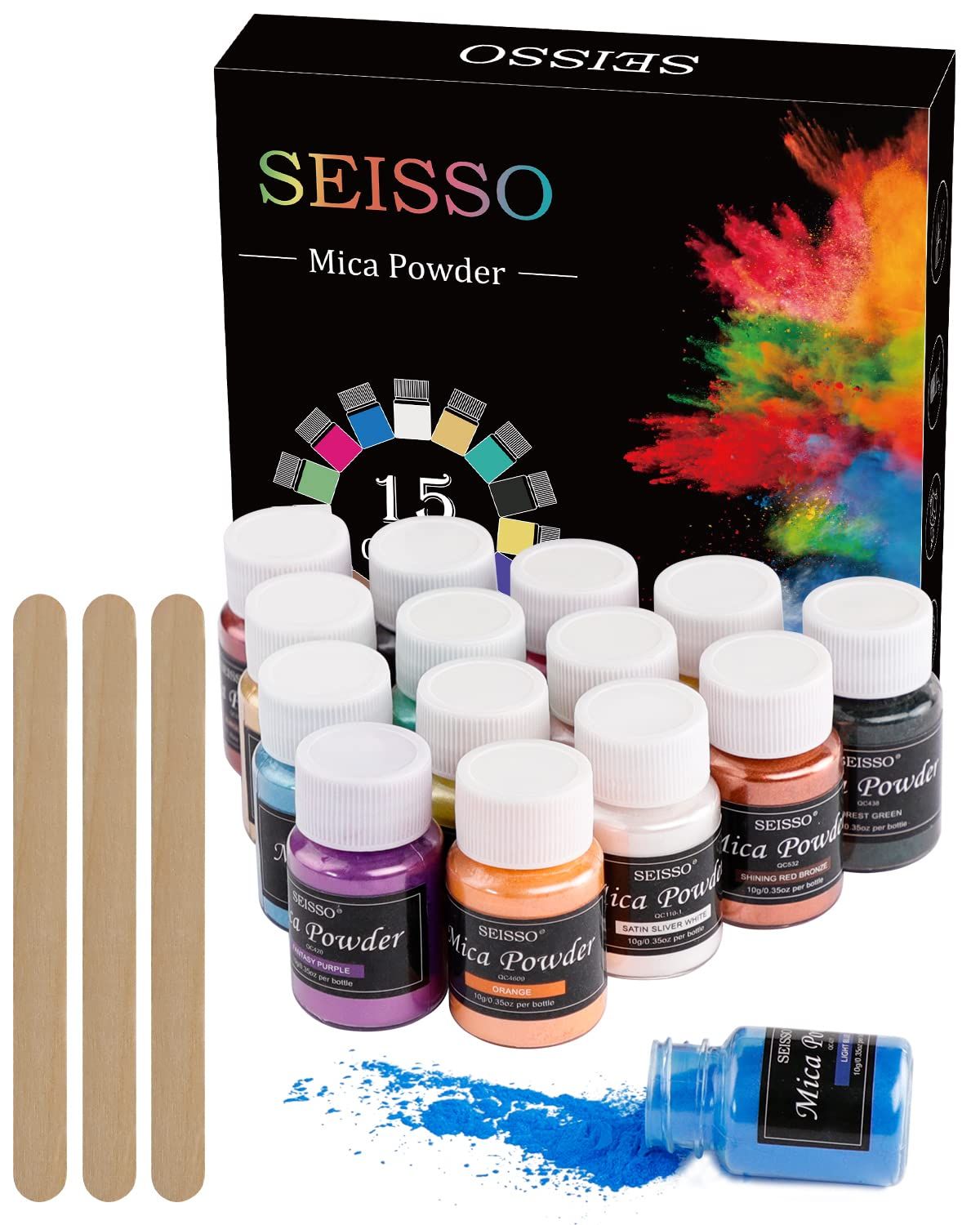 SEISSO 마이카 파우더 수지 착색제 네일 파우더 15 색 에폭시 안료 DIY 글리터 피그먼트 파우더 페인트 슬라임 페인트 코팅 비누 착색제 네일 폴리쉬 컬러 페이스 캔들 메이킹 배쓰밤 아이섀도우 바이러스 디자인 UV 레진 염료 엄지