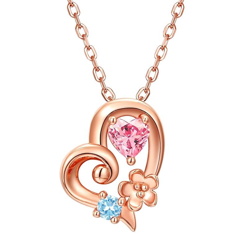 [OLIORC] 誕生石ネックレス 925純銀製 ハートフラワー 金属アレルギー対応 レディースネックレス 枯れない花プリザーブドフラワー (ピンクゴールド3月)