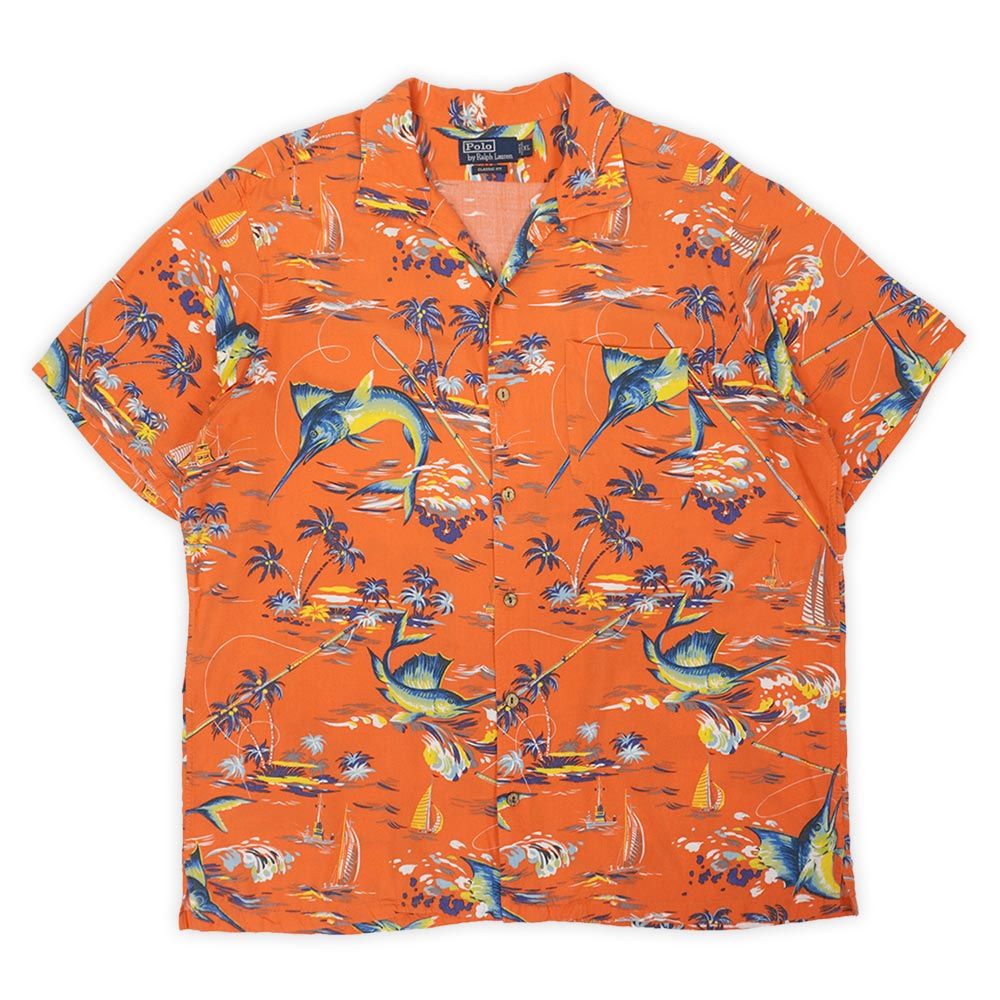 ポロラルフローレン POLO RALPH LAUREN 00s 2000年代 レーヨンハワイアンシャツ アロハ オープンカラー 開襟 カジキ パームツリー PRL USA ヴィンテージ アメリカ 古着 オレンジベース XL【中古】