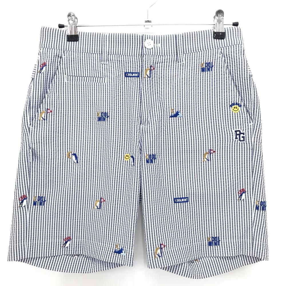 【超美品】パーリーゲイツ ハーフパンツ 白×ネイビー ストライプ 総柄刺しゅう 30周年 メンズ 3(S) ゴルフウェア PEARLY GATES