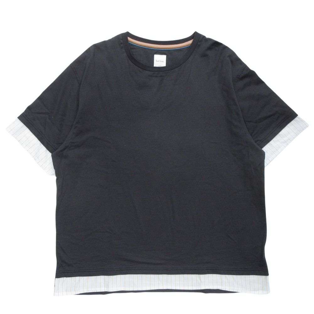 美品 Paul Smith ポール・スミス ストライプ シャツスリーブ カットソー 半袖 Tシャツ 異素材 153501 179TN サイズL 紺 ネイビー メンズ 古着 中古 USED