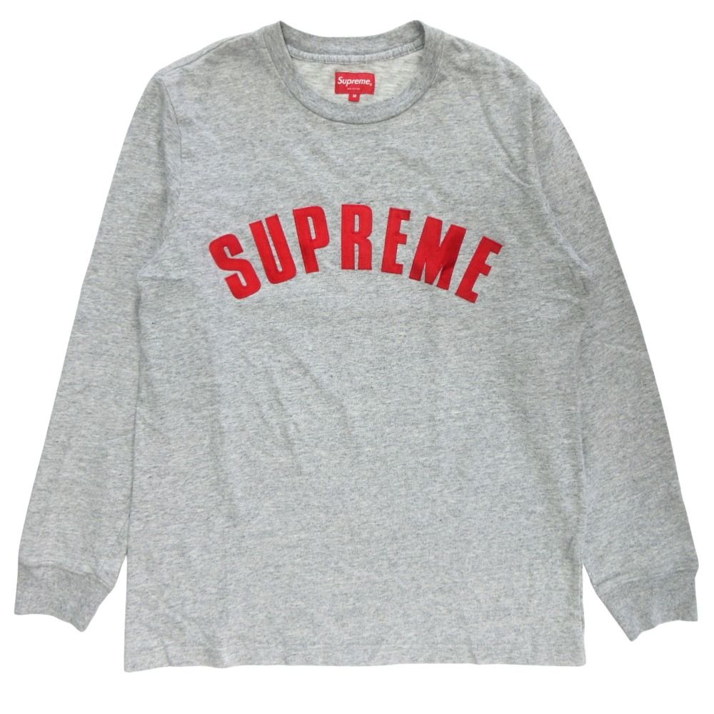 美品 Supreme シュプリーム 16SS アーチロゴ Tシャツ カットソー 長袖 丸首 クルーネック コットン サイズM グレー 赤 レッド メンズ 古着 中古 USED