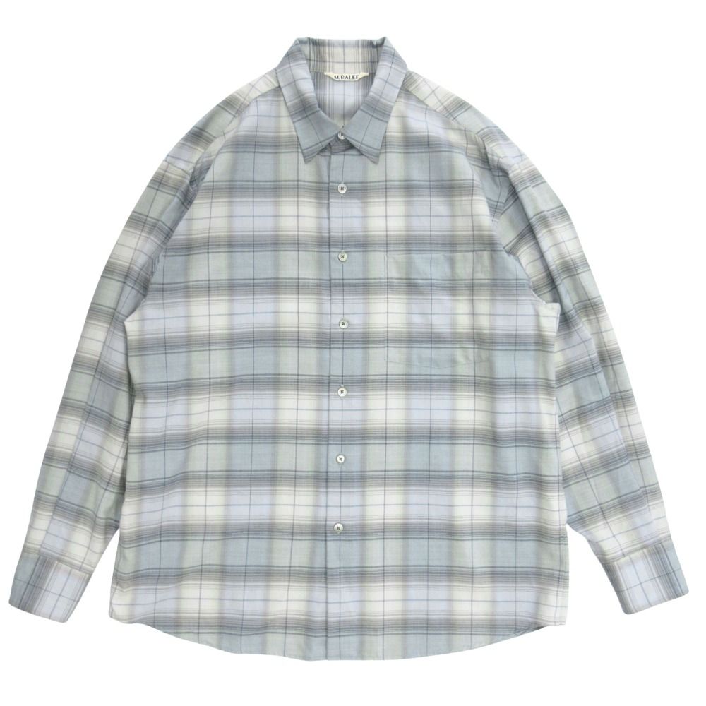 新品同様 AURALEE オーラリー 25ss UPER LIGHT WOOL CHECK SHIRT チェック柄 シャツ カットソー 長袖 A255SS01LC サイズ3 青 ブルー メンズ 古着 中古 USED