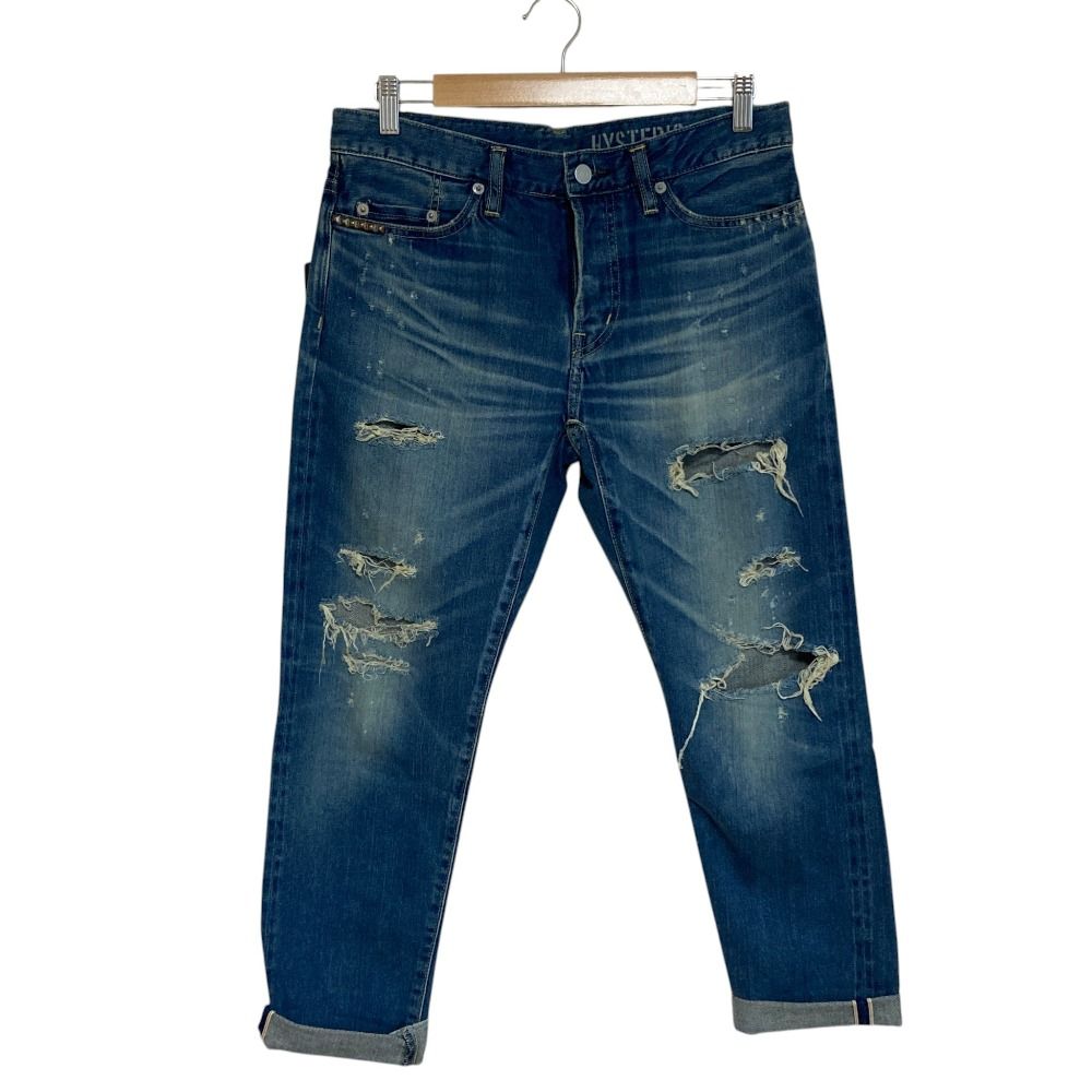 未使用 HYSTERIC GLAMOUR ヒステリックグラマー スタッズ セルビッジ クラッシュ デニムパンツ ジーンズ サイズM ブルー レディース 古着 中古 USED