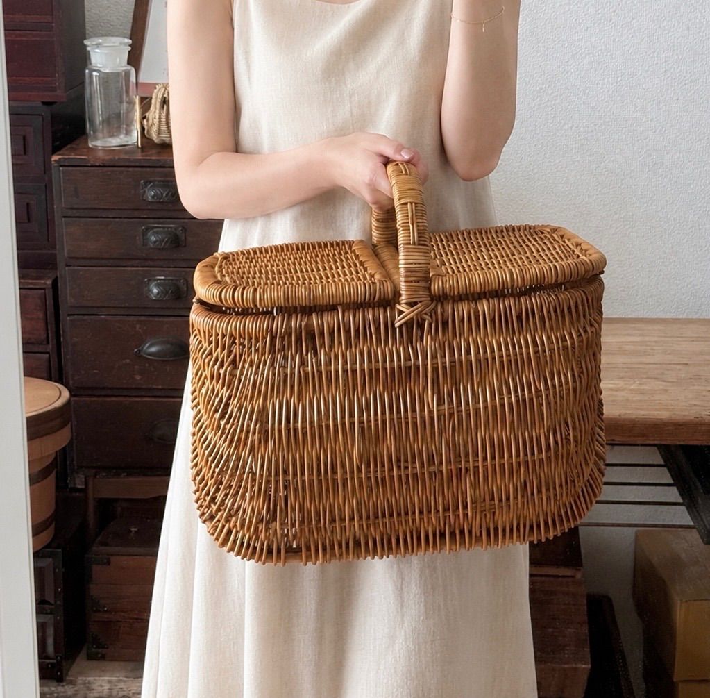昭和レトロ ラタン ピクニックバスケット 籐かご ふた付き 収納かご