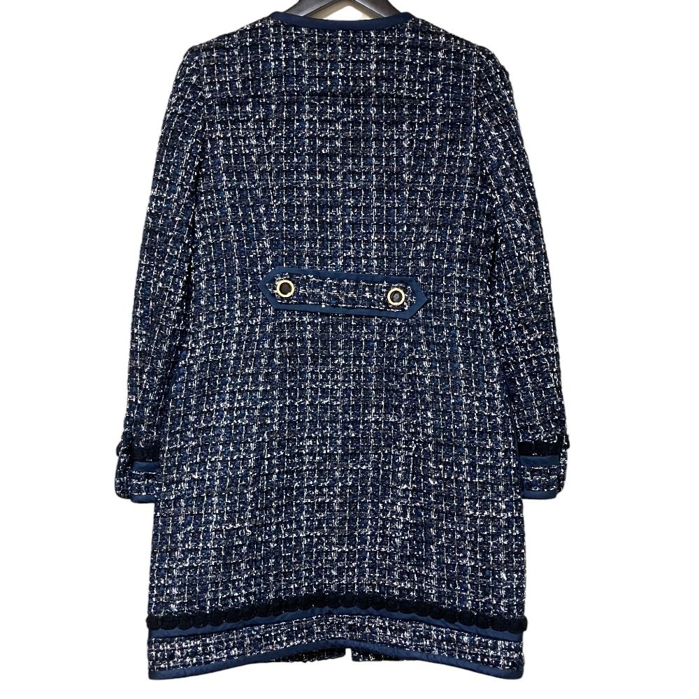 Tory Burch ネイビー ツイード ロングコート 美品 TORY BURCH トリーバーチ ラメ ツイード ノーカラーコート