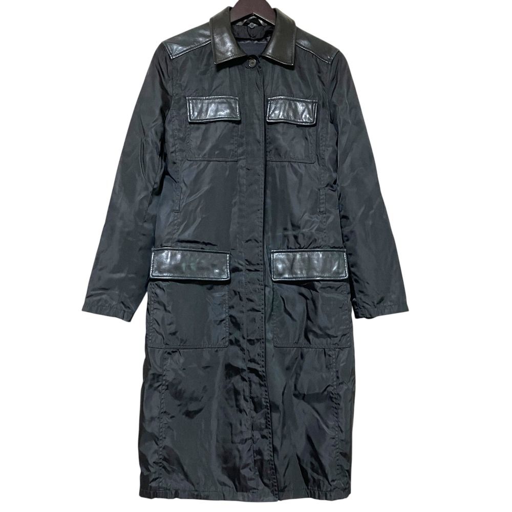 良品 PRADA プラダ ヴィンテージ レザー切替 パデッドライナー付き ナイロンコート Sサイズ ブラック レディース 古着 中古 USED
