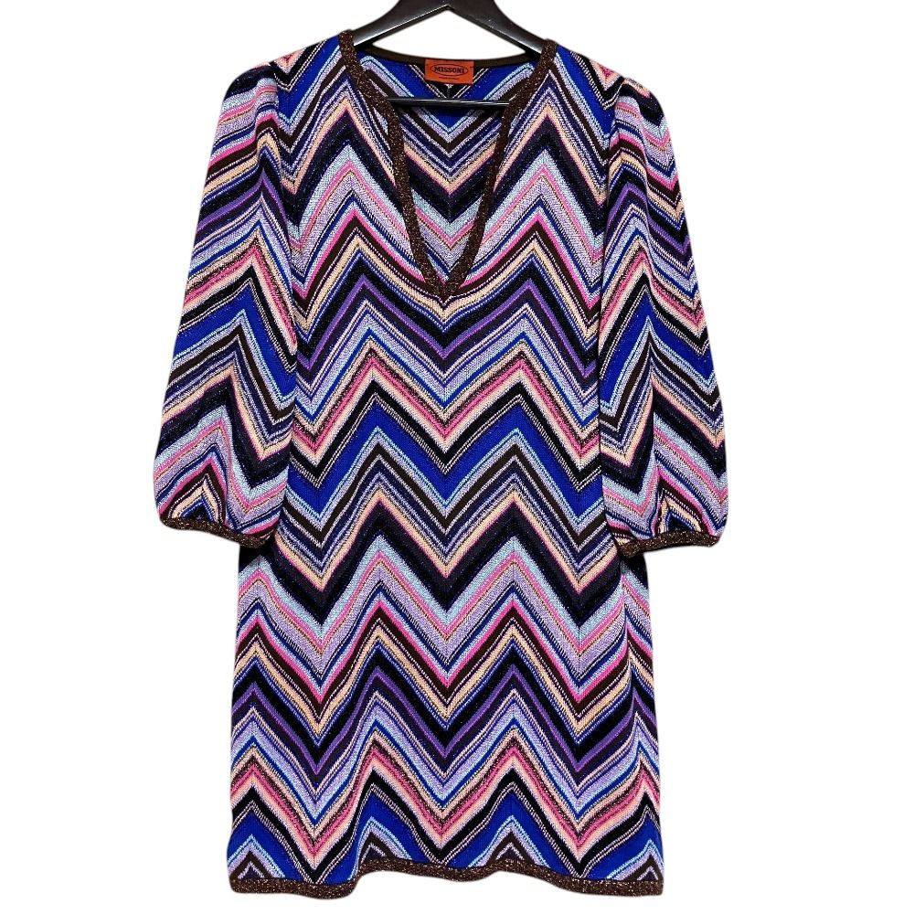 美品 MISSONI ミッソーニ 七分袖 ミニ丈 Vネック ラメ糸 シルク