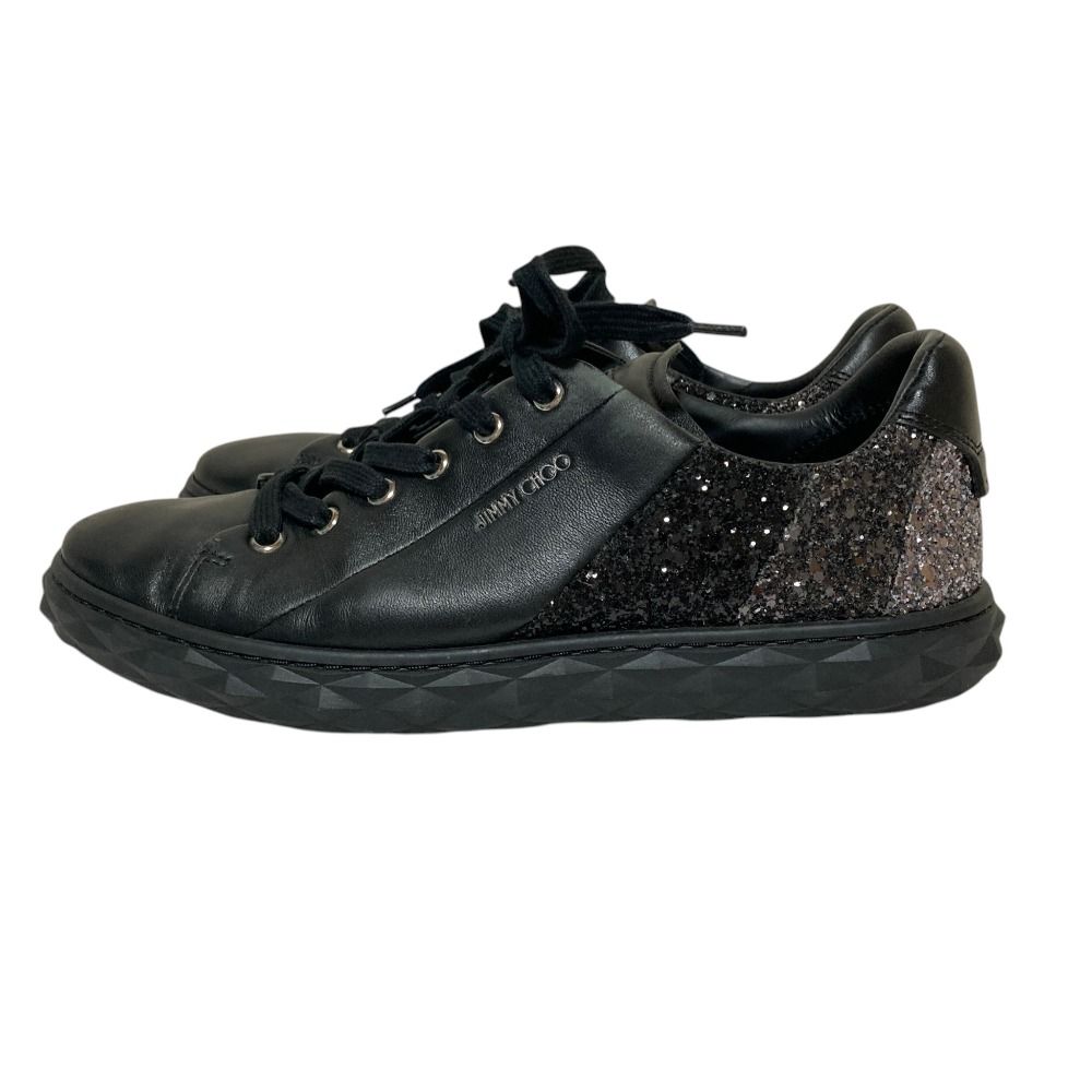 JIMMY CHOO ブラック グリッター フラットシューズ 39 美品 JIMMY CHOO ジミーチュウ グリッター レザースニーカー 39 24cm