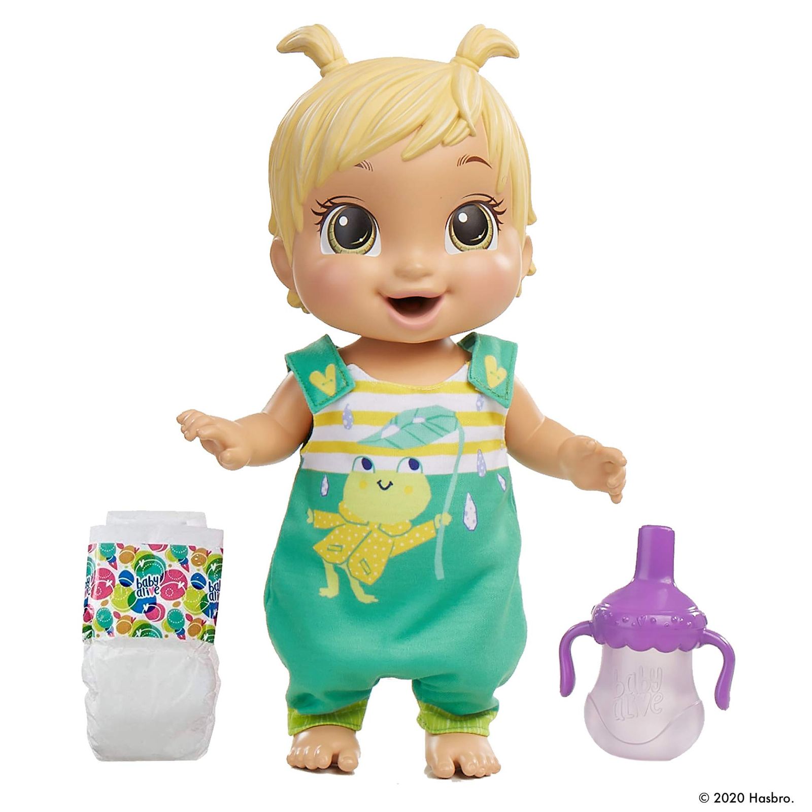 新品 ハズブロ(HASBRO) ベビーアライブ ゆかいにフリフリベビー ブロンドヘアーのお人形、カエル柄の洋服、笑い声など25種類以上の効果音、楽しそうに踊る、飲んでおしっこする、対象年齢3才以上 E9427 正規品