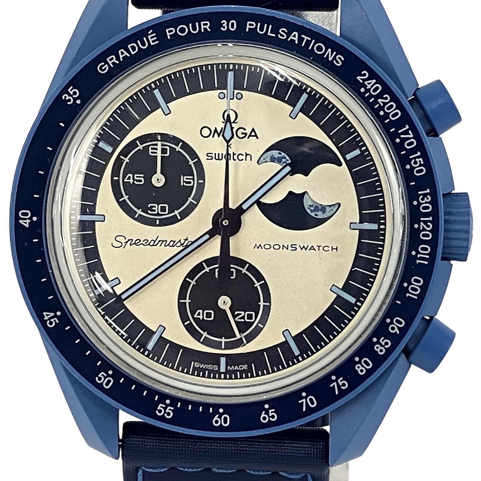 OMEGA SWATCH クォーツ 腕時計 クロノグラフ MISSION TO THE SUPER BLUE MOONPHASE ムーンフェイズ オメガ 中古 T11359399