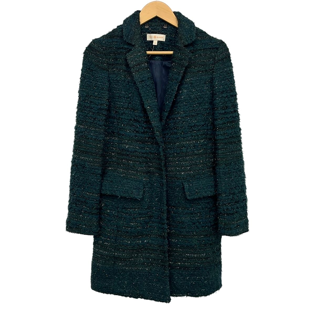 TORY BURCH(トリーバーチ) コート サイズXS レディース - ダークグリーン 長袖/ツイード/ラメ/冬