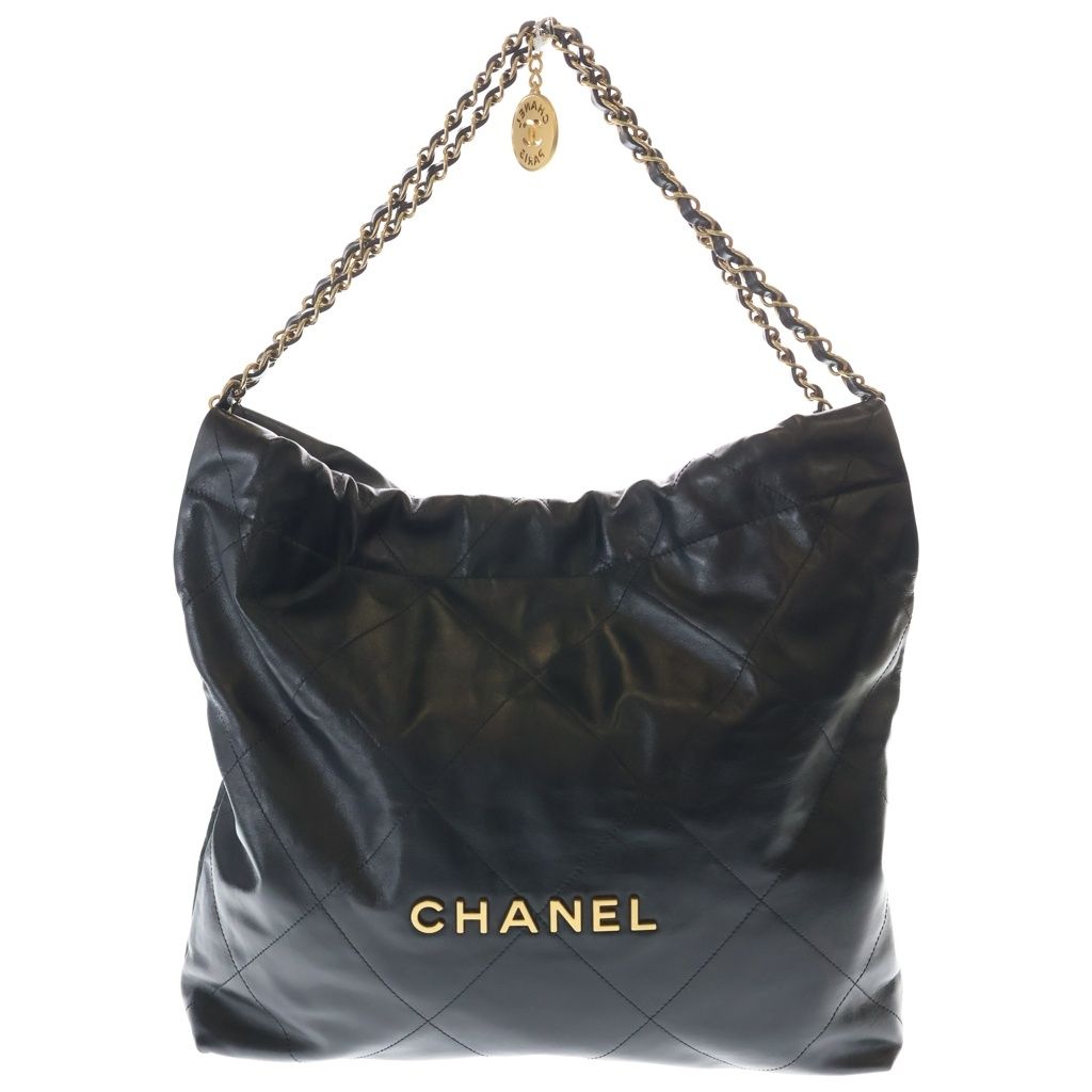 CHANEL (シャネル) シャネル22 ミディアム ハンドバッグ トートバッグ チェーンバッグ シャイニーカーフスキン ブラック ゴールド金具