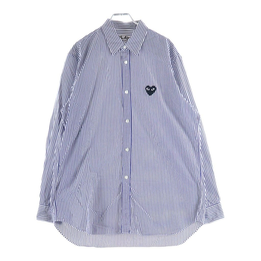 PLAY COMME des GARCONS (プレイコムデギャルソン) ハートロゴ刺繍 コットン ストライプ 長袖シャツ ネイビー/ホワイト AZ-B008 AD2019/8
