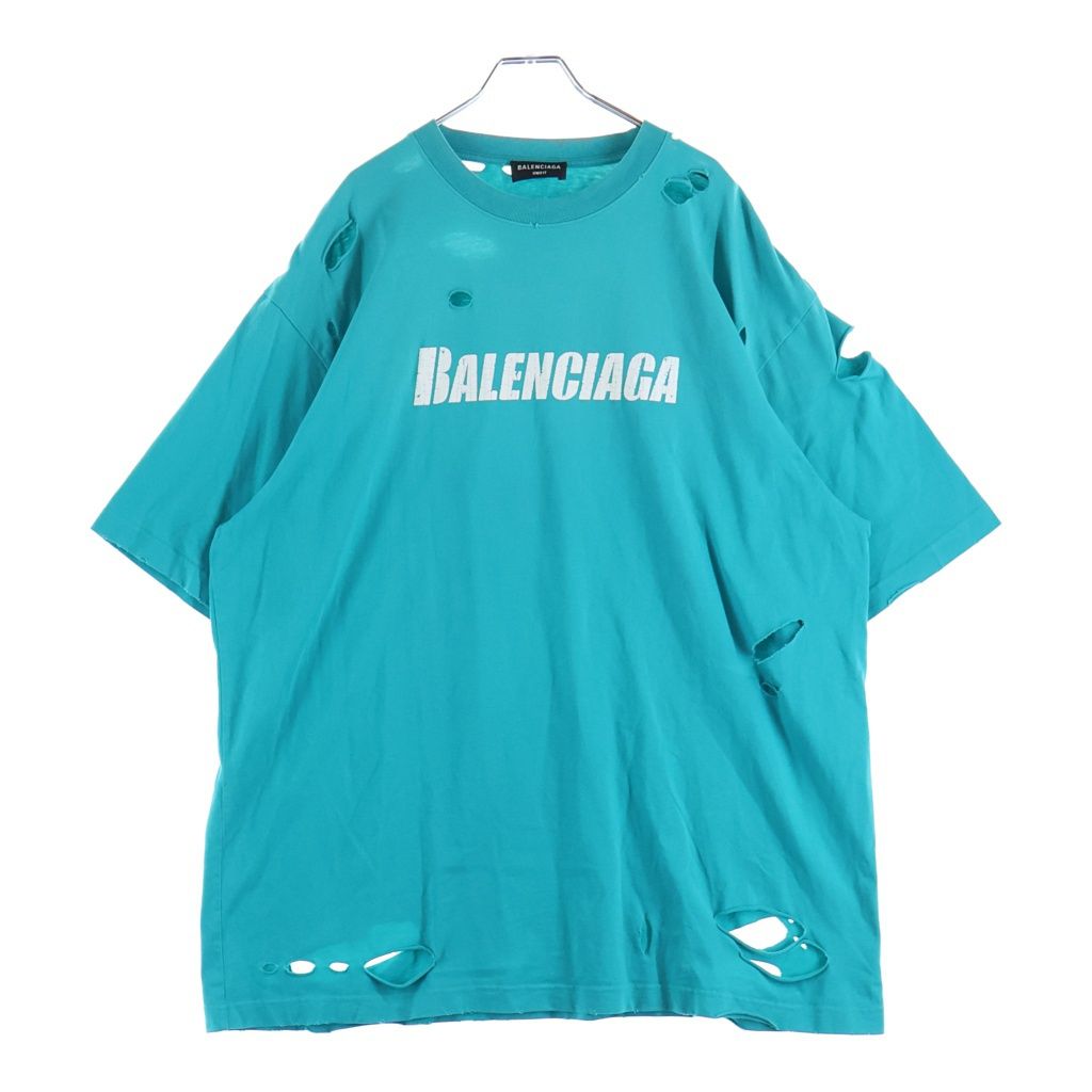 BALENCIAGA (バレンシアガ) 21SS デストロイ加工 ロゴプリント 半袖Tシャツ カットソー ライトブルー 651795