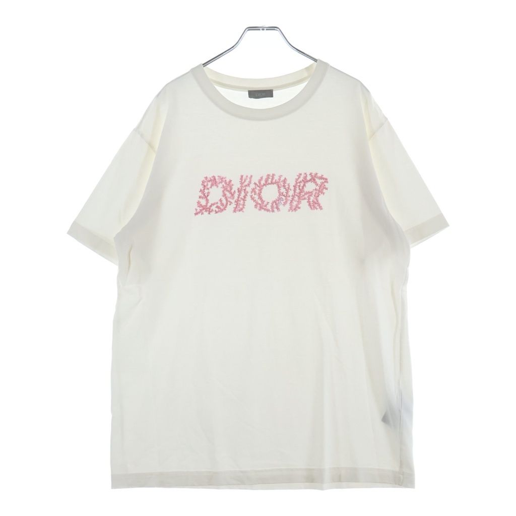 DIOR (ディオール) イタリックコーラルロゴ半袖Tシャツ 483J696C0847 ホワイト/ピンク