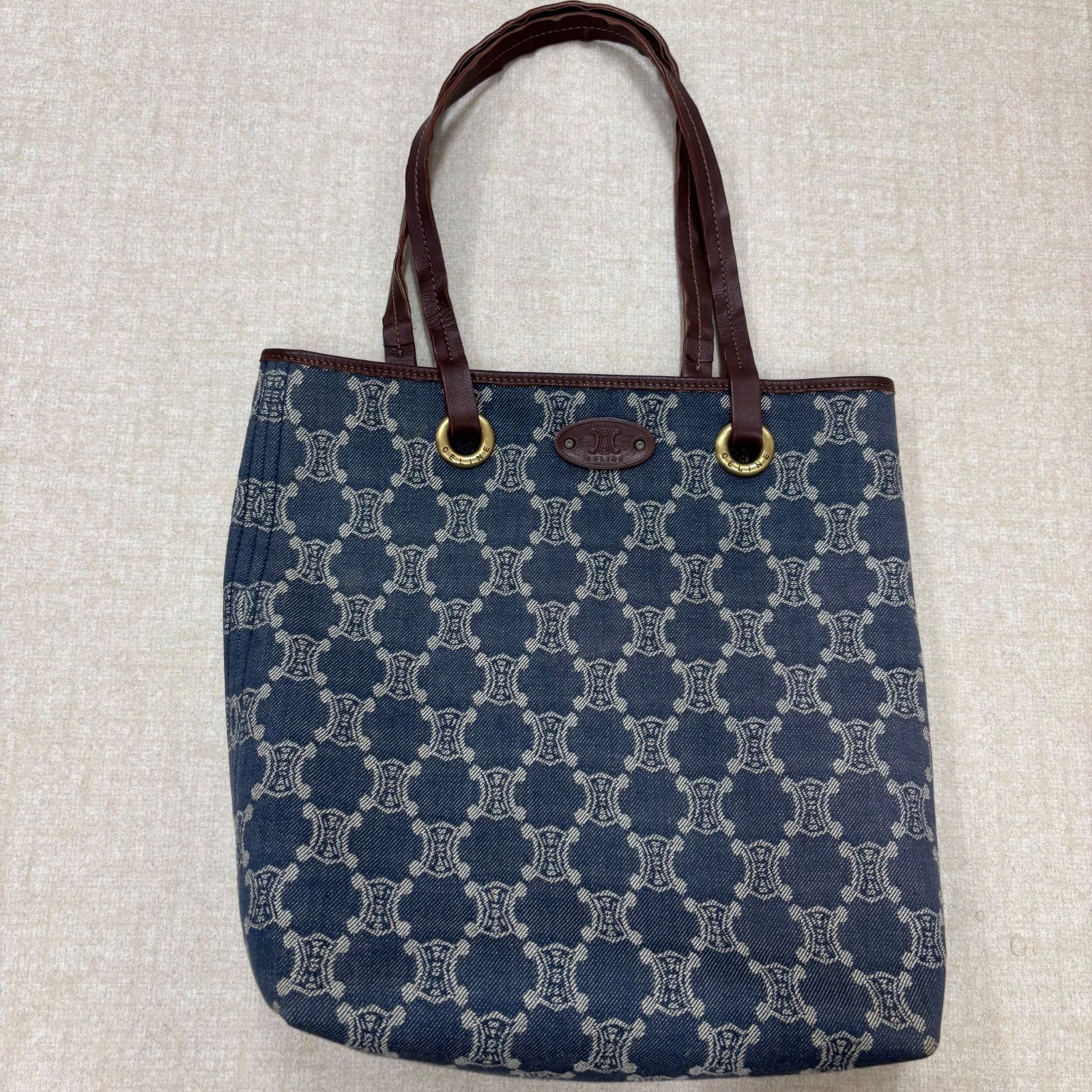 (n) 【CELINE】セリーヌ パリマカダム トートバッグ ネイビー×ブラウン ヴィンテージ/106