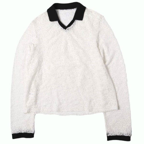 SIMONE WILD シモーネワイルド 25AW ドイツ製 LACE TRIKOT スキッパーネック レースポロシャツ M OFF WHITE/BLACK 長袖 ブラウス トップス g27055