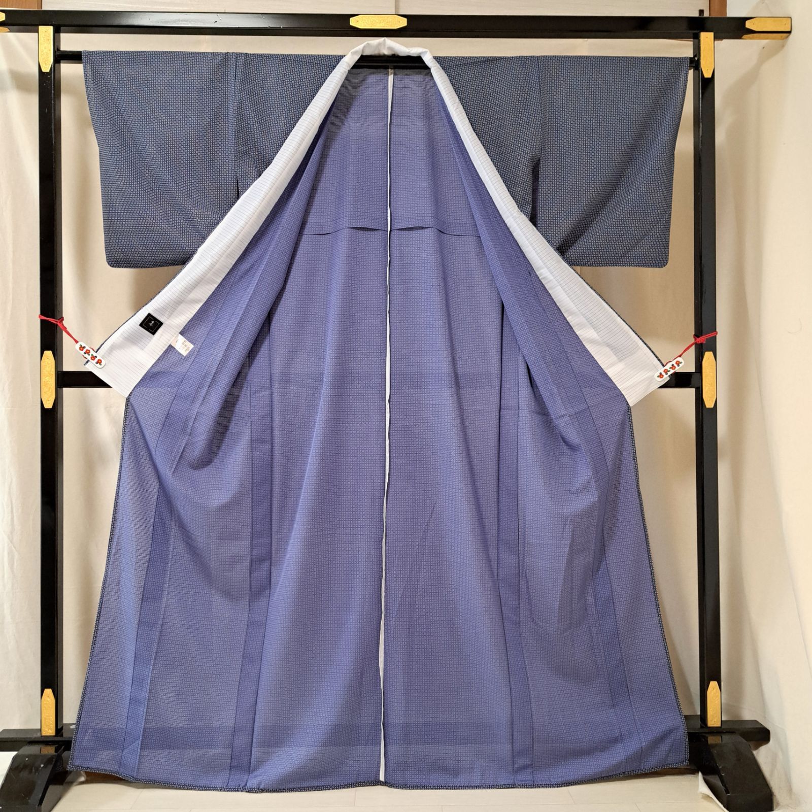 洗える夏着物・小紋・絽】両面染め 紺 幾何学模様 新しめの美品です れ