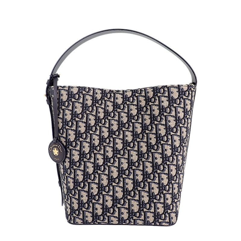 ★状態良好★ ディオール Dior Diorstar バケットバッグ スモール ショルダーバッグ カーフ コットン ファブリック ネイビー ゴールド金具