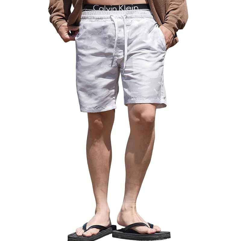 [신제품] [JIGGYS SHOP] Ziggys Shop 스윔 팬츠 | XL 화이트 카모 남성 수영복 하프 팬츠 수륙 양용 보드 팬츠 래쉬 가드 비치 오션 퀵 드라이 여름 카모 카모 솔트워터 심플 플래시 성인 여행 풀 리조트 플로랄 패턴 라이트 블루 0