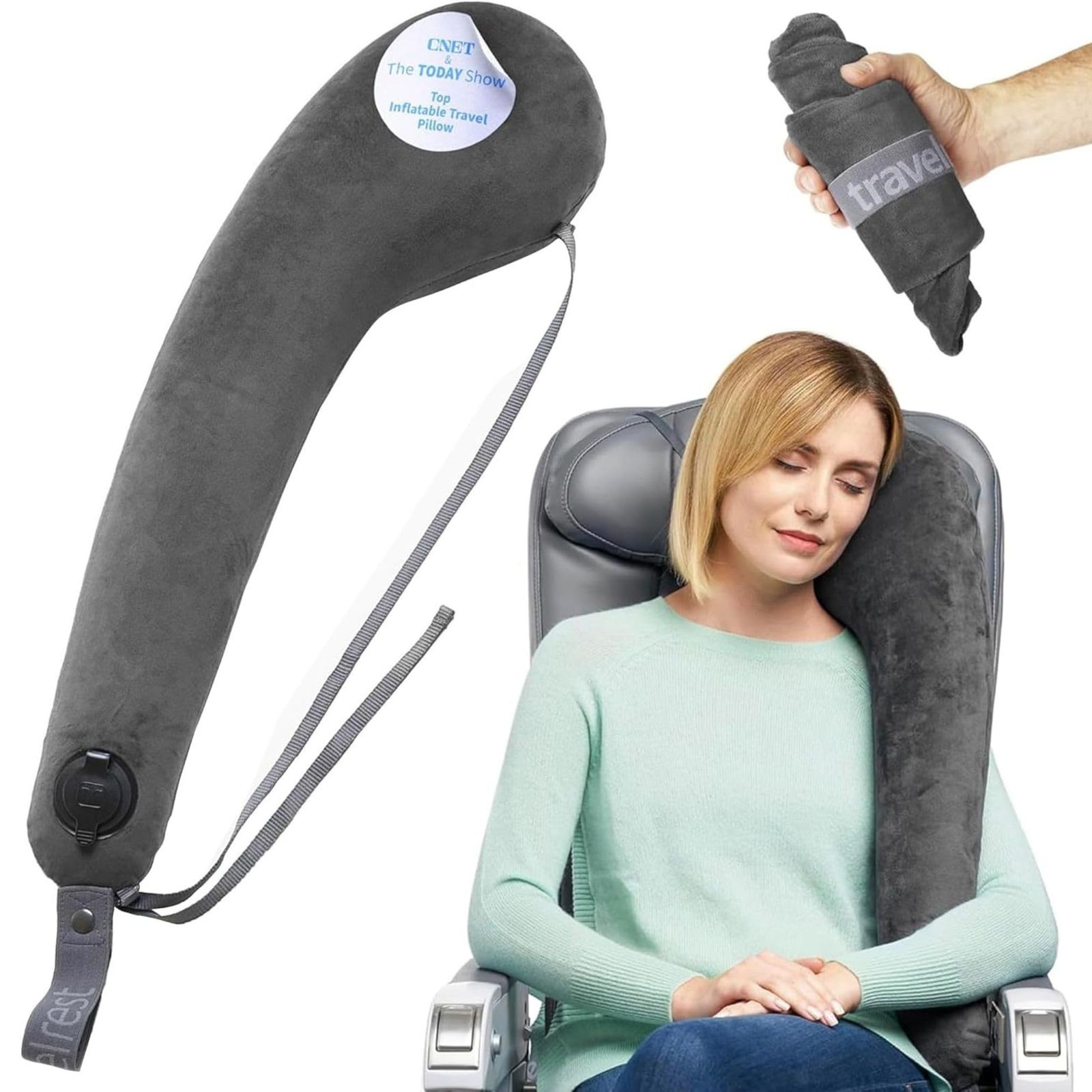 TRAVELREST オールインワン 旅行用枕 首と体用 飛行機や車のシートに取り付け可能 低反発素材 洗濯可能なベロアカバー 空気注入式 コンパクト収納 長時間のフライトや旅行で眠る グレー