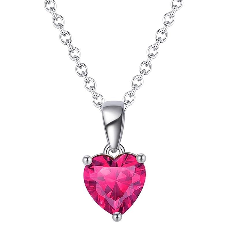 Bellitia Jewelry 誕生石 ハート ネックレス 可愛い ジルコニア ペンダント バラ色 ルビー 7月 シルバー925 女性 46cm