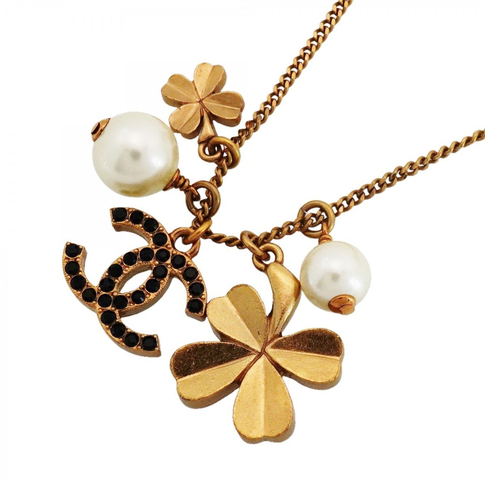 シャネル(Chanel) シャネル ネックレス ココマーク クローバー GPメッキ フェイクパール カラーストーン ゴールド ブラックレディース