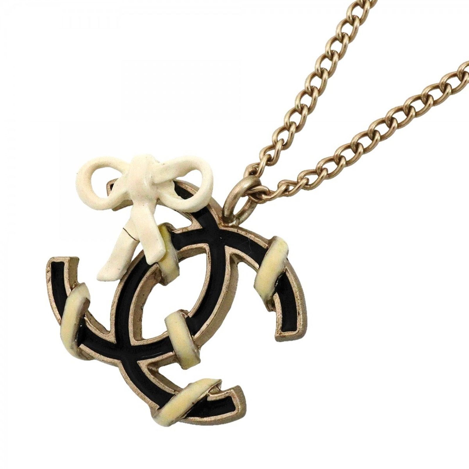シャネル(Chanel) シャネル ネックレス ココマーク リボンモチーフ GPメッキ シャンパンゴールド ホワイト ブラックレディース