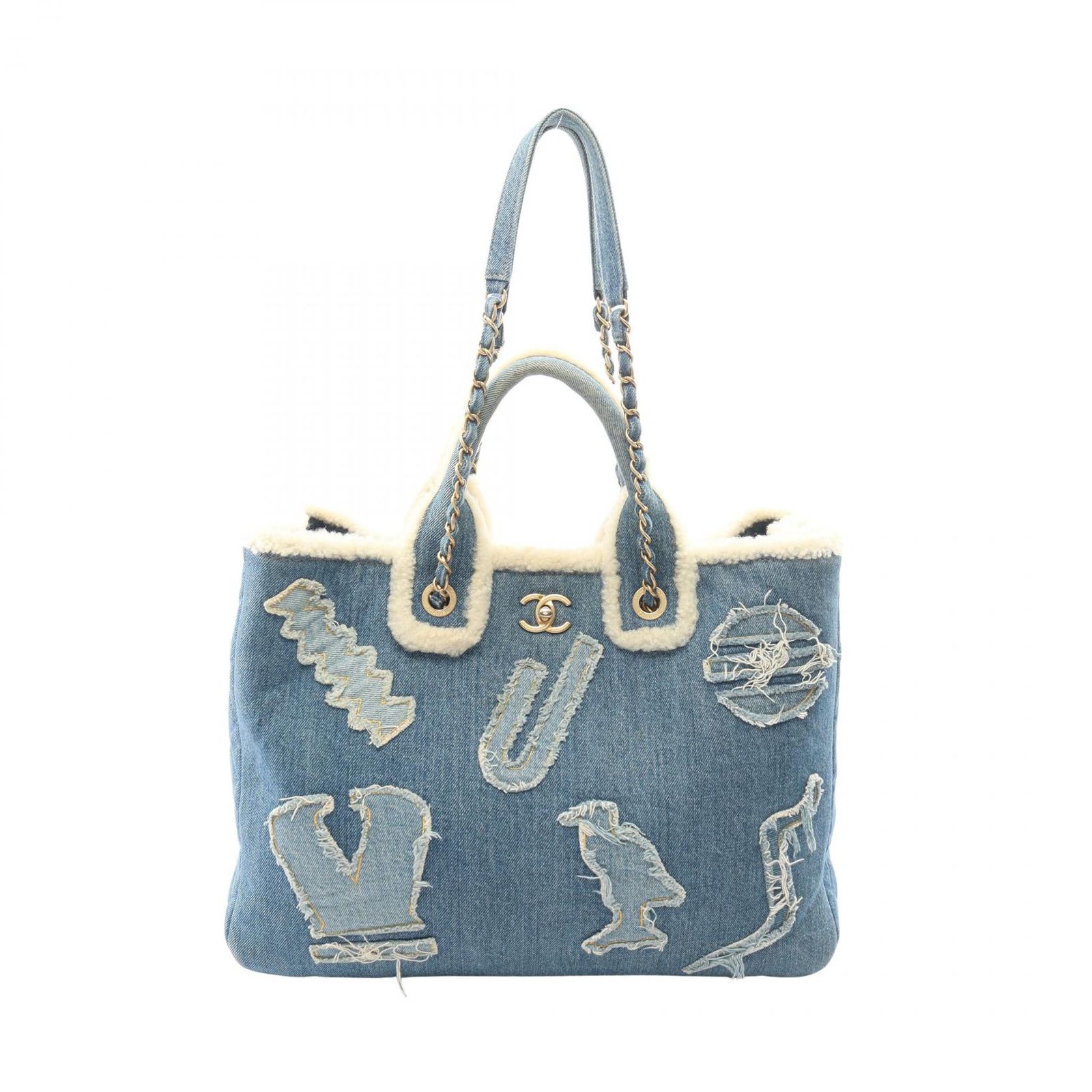 シャネル CHANEL トートバッグ ラージ ショッピングバッグ 2WAY AS0759 デニムブルー デニム ムートン ラージ ショッピング トート レディース Used B
