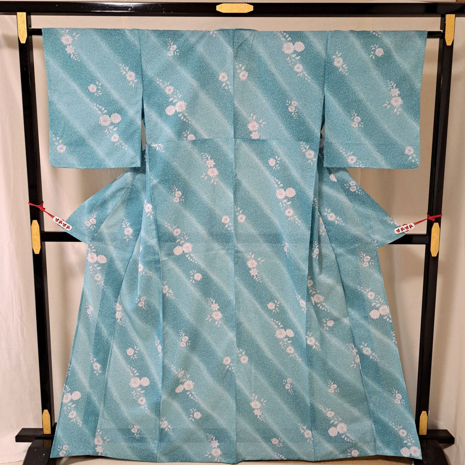 洗える夏着物・小紋・絽】LLサイズ相当身幅 青緑系 斜め縞