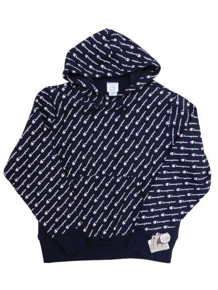 ▲【タグ付/展示品】 US企画/USモデル チャンピオン リバースウィーブ パーカー サイズL 総ロゴプリント ネイビー S2974-K5Q Champion (136)