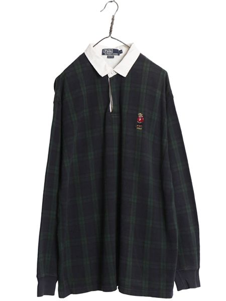 90s ポロベア ポロ ラルフローレン 長袖 ラガーシャツ メンズ L / オールド ラグビー ポロシャツ キャラクター ブラックウォッチ チェック