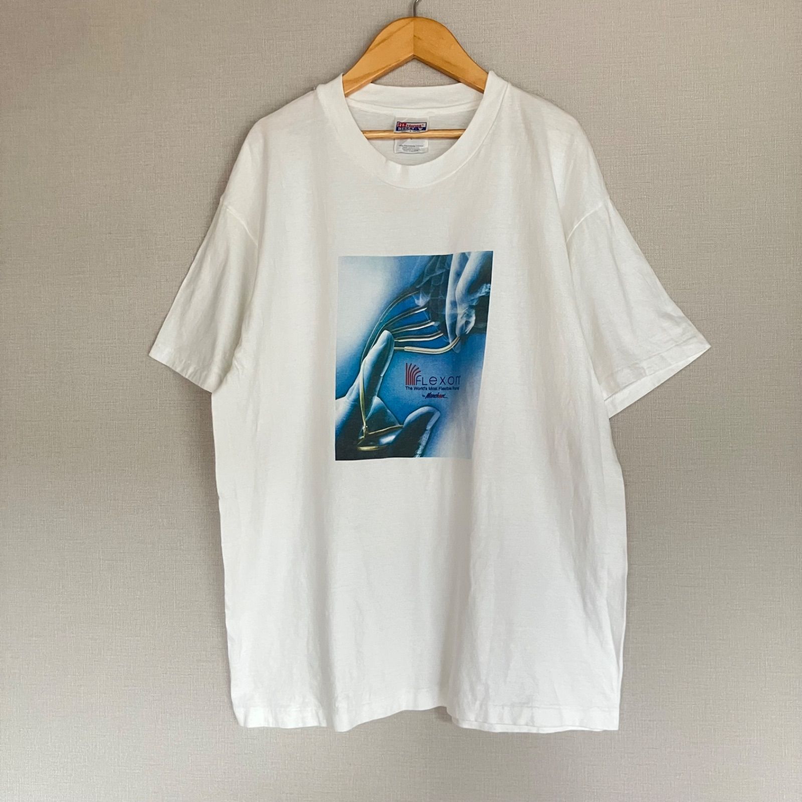 希少 企業モノ 90s Flexon フレクソン ビンテージ Tシャツ Marchon 眼鏡 メガネ 企業 アドバタイジング 工業デザイン フォトプリント Hanes BEEFY-T USA製 白 ホワイト L 古着 メンズ