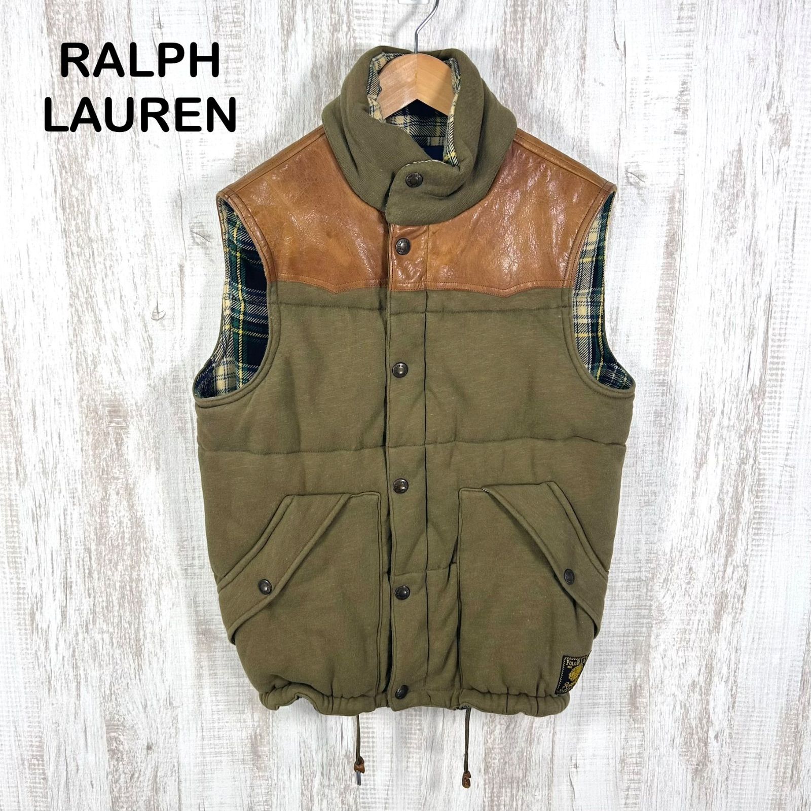 90s Polo by Ralph Lauren ポロバイラルフローレン レザー ダウンベスト カーキ