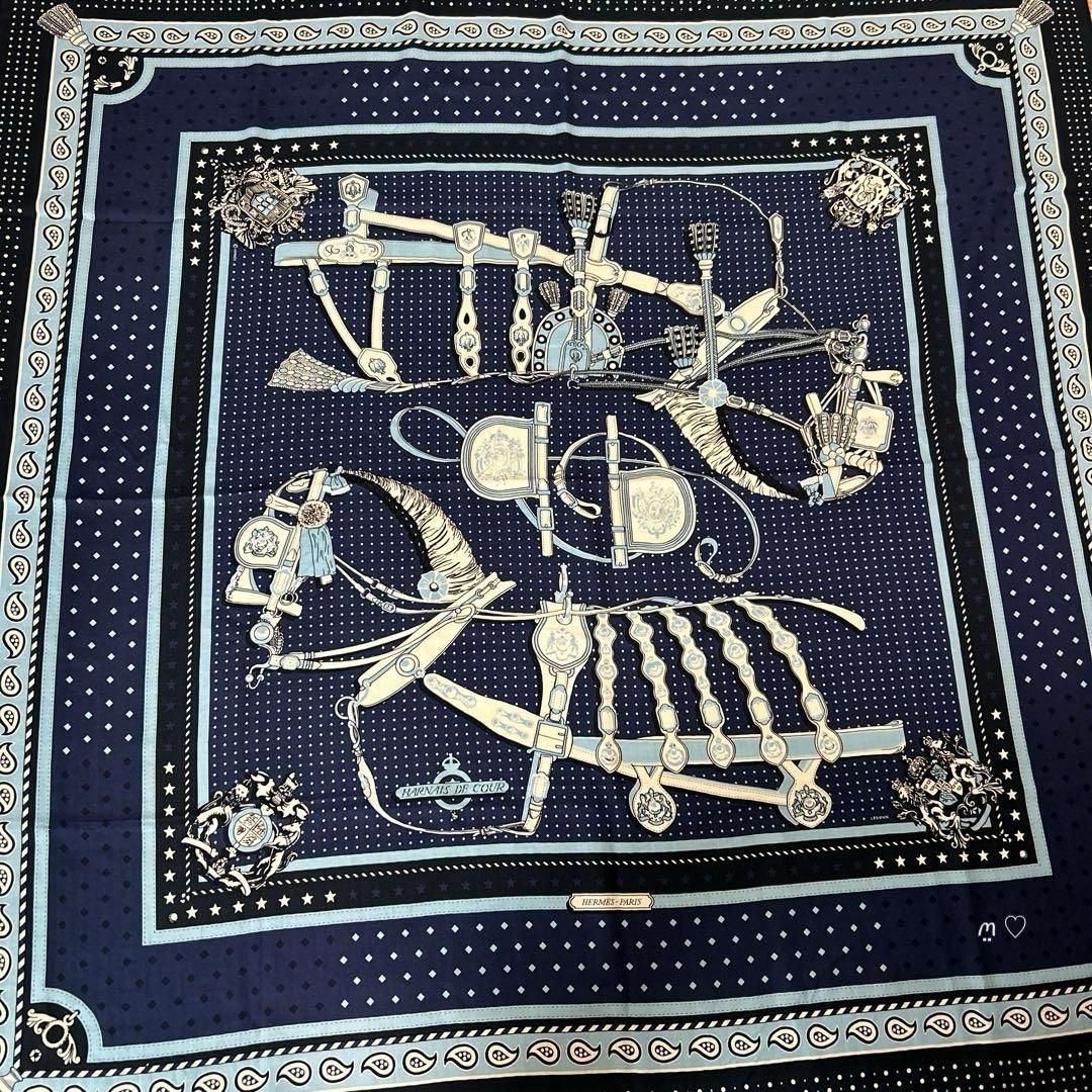 HERMES エルメス カレ140ジェアン 宮廷の馬具バンダナ カシシル マリン