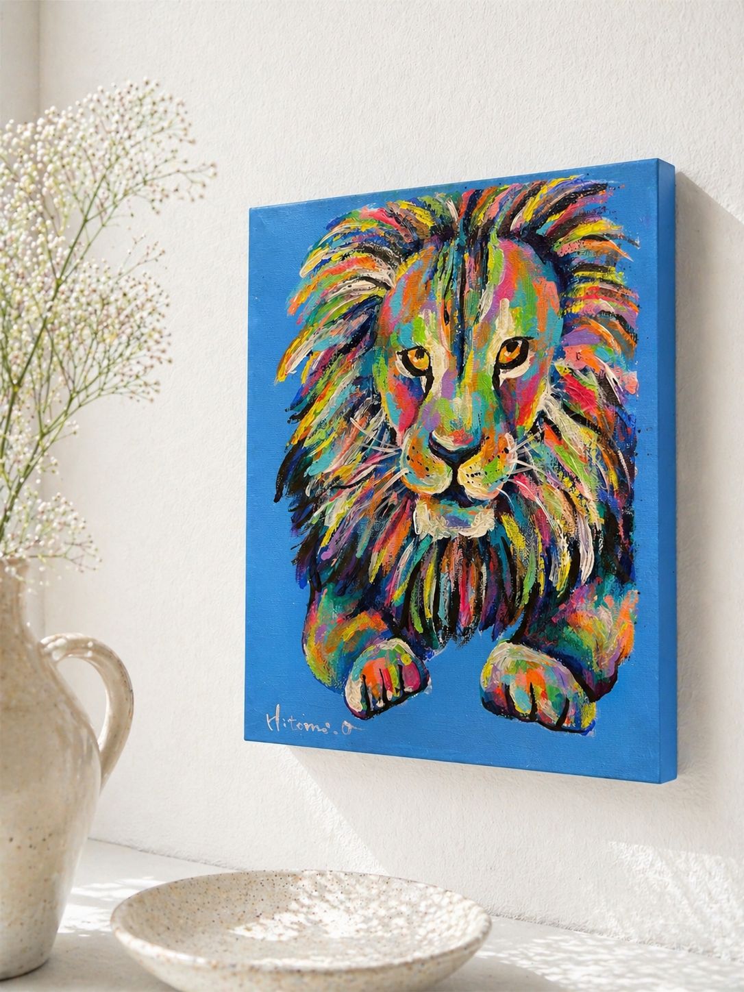 絵画　アクリル絵　アクリル絵の具　画材 キャンバス　動物　ライオン　原画 F3号キャンバス☆絵画原画 現代アート アート ライオン 動物画 作品