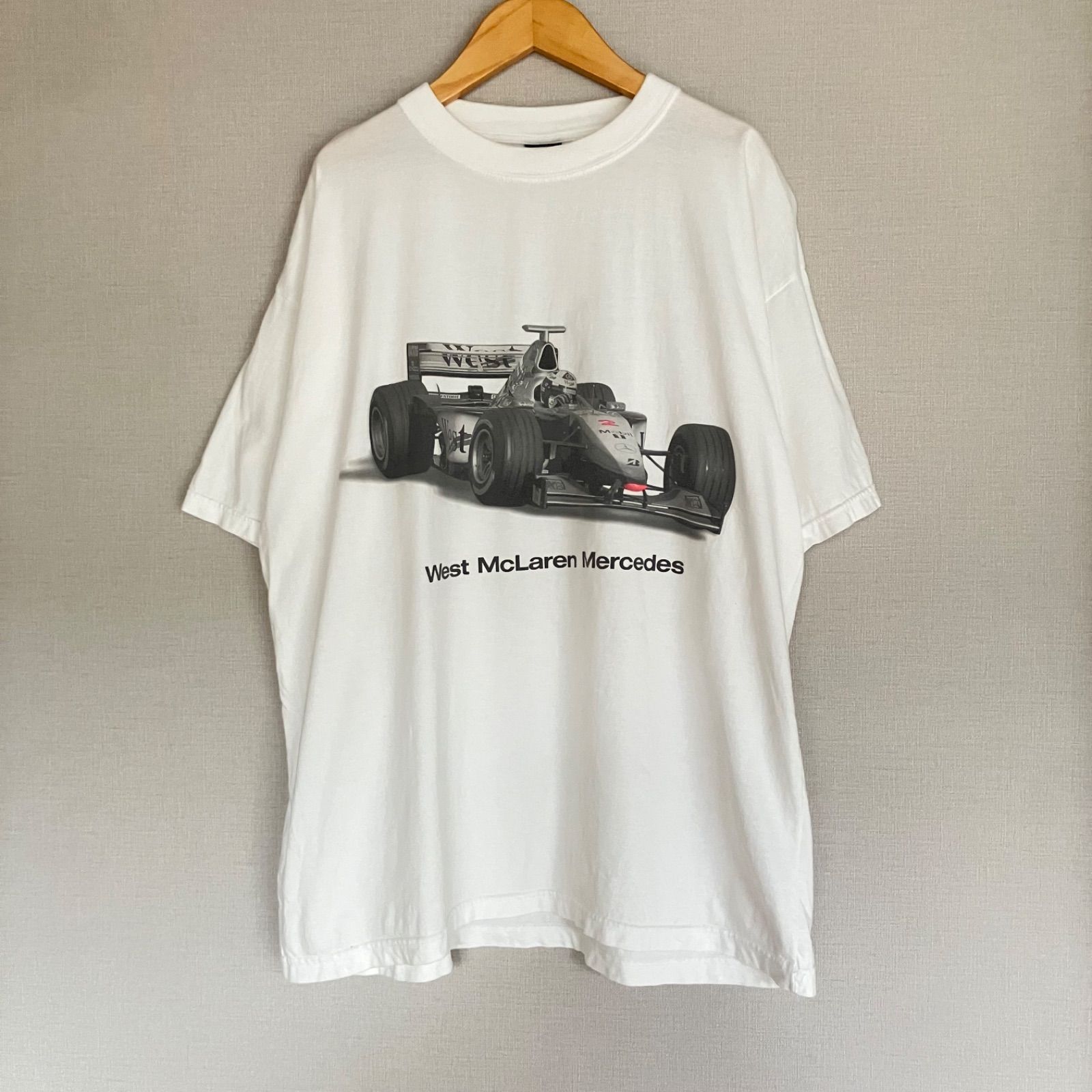 ビンテージ Tシャツ 90s West McLaren Mercedes ウエスト マクラーレン メルセデス ベンツ F1 ハッキネン シルバーアロー モータースポーツ レーシング 両面プリント 白 ホワイト L 古着 メンズ
