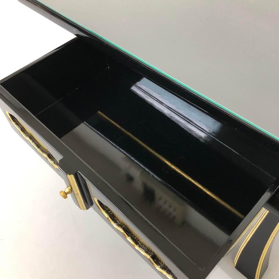 ss8820 【中古】 経机 黒塗り 面金箔 幅57cm ガラス天板 引き出し付き 