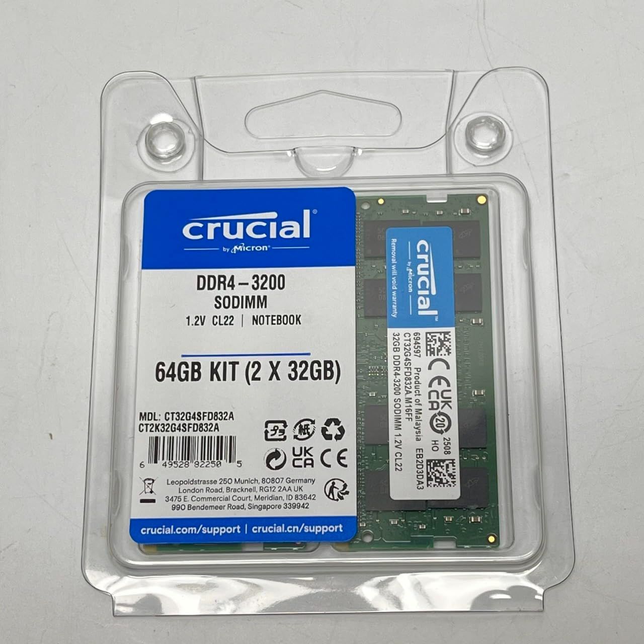 Crucial ノートPC用増設メモリ 64GB (32GBx2枚) DDR4 3200MT/s(PC4-25600) CL22 SODIMM 260pin CT2K32G4SFD832A No3124
