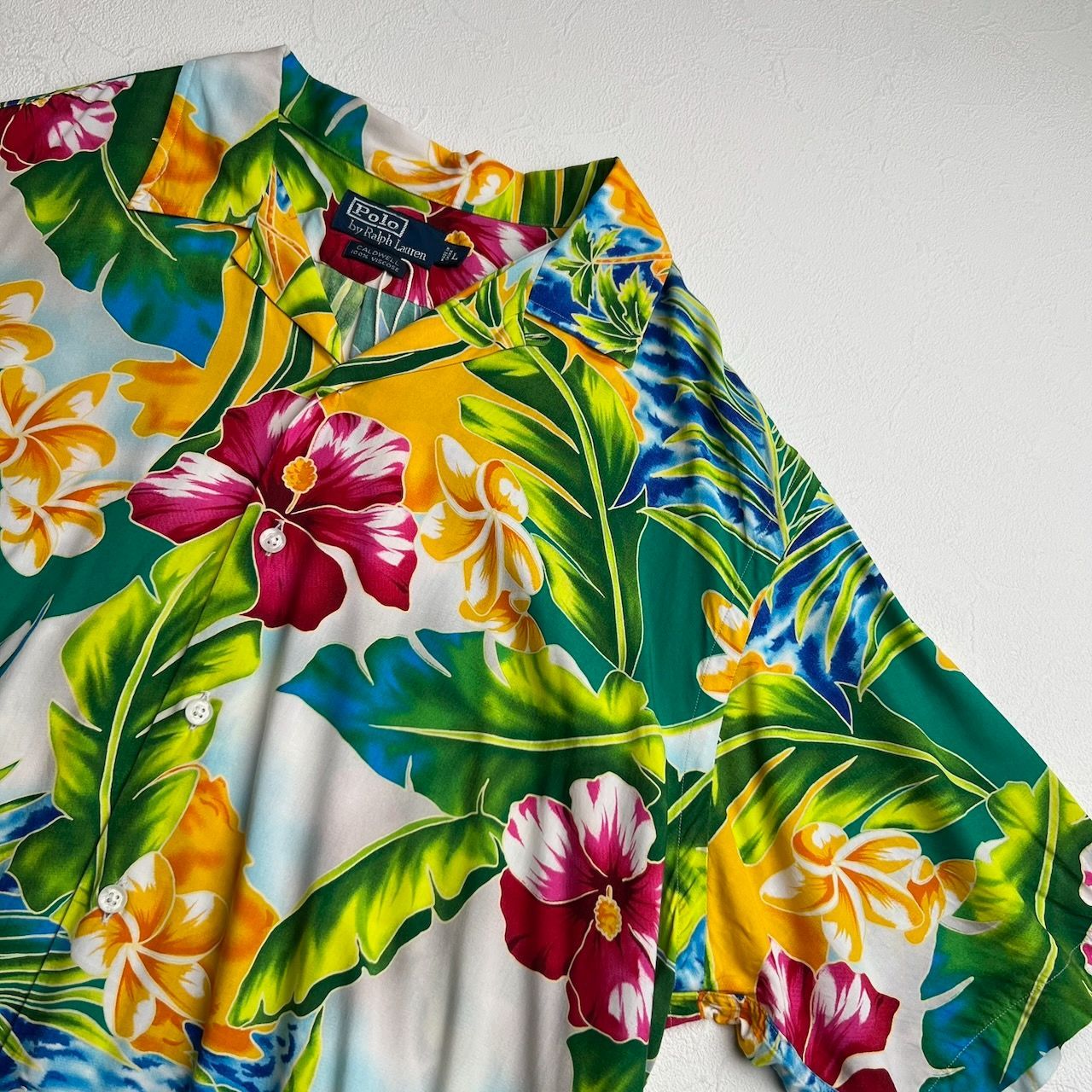 90s Ralph Lauren CALDWELL　アロハシャツ　花柄　総柄　開襟　半袖シャツ　ラルフローレン　グリーン　L 古着