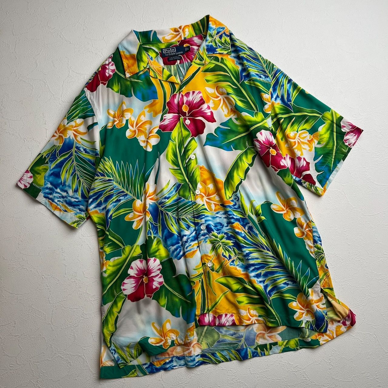 90s Ralph Lauren CALDWELL　アロハシャツ　花柄　総柄　開襟　半袖シャツ　ラルフローレン　グリーン　L 古着