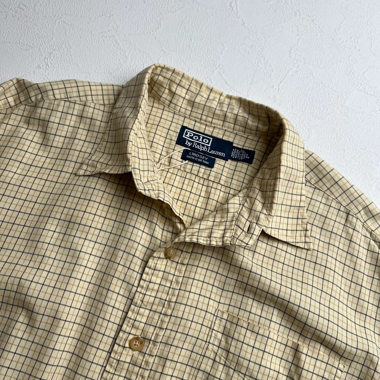 90s Ralph Lauren LINDSEY　胸ポケット　チェック　長袖シャツ　ラルフローレン　クリーム　L 古着