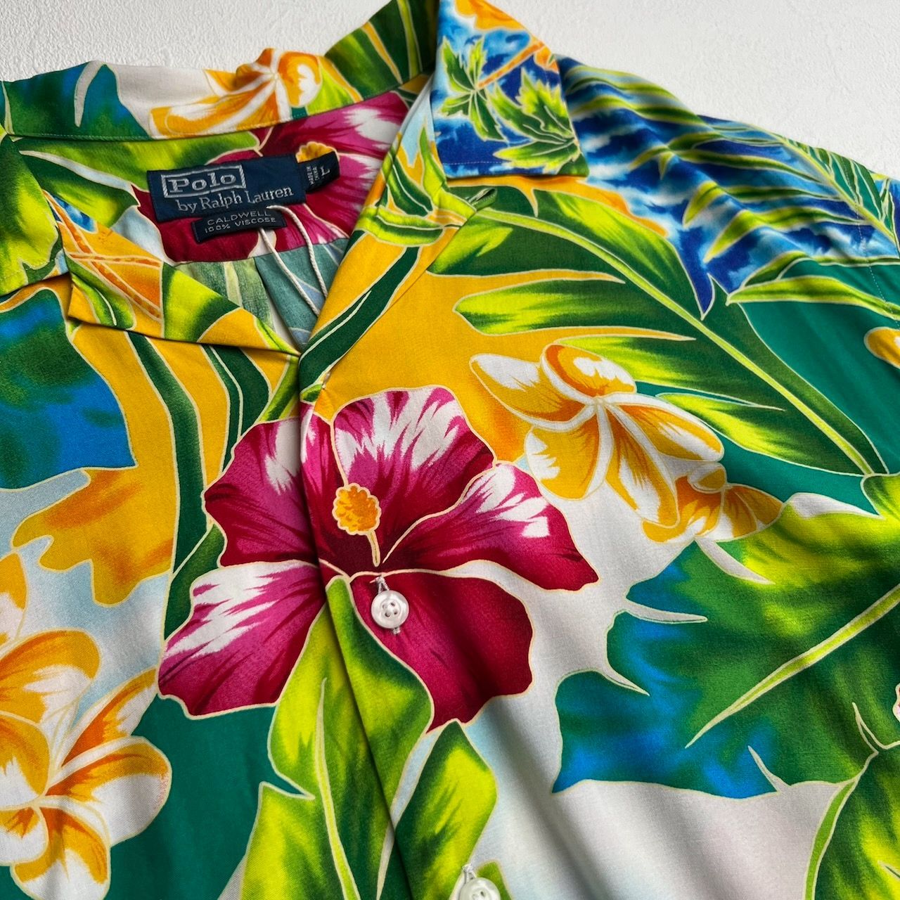 90s Ralph Lauren CALDWELL　アロハシャツ　花柄　総柄　開襟　半袖シャツ　ラルフローレン　グリーン　L 古着