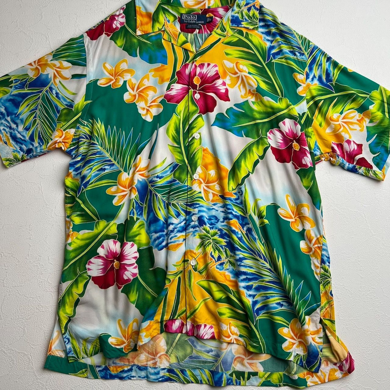 90s Ralph Lauren CALDWELL　アロハシャツ　花柄　総柄　開襟　半袖シャツ　ラルフローレン　グリーン　L 古着