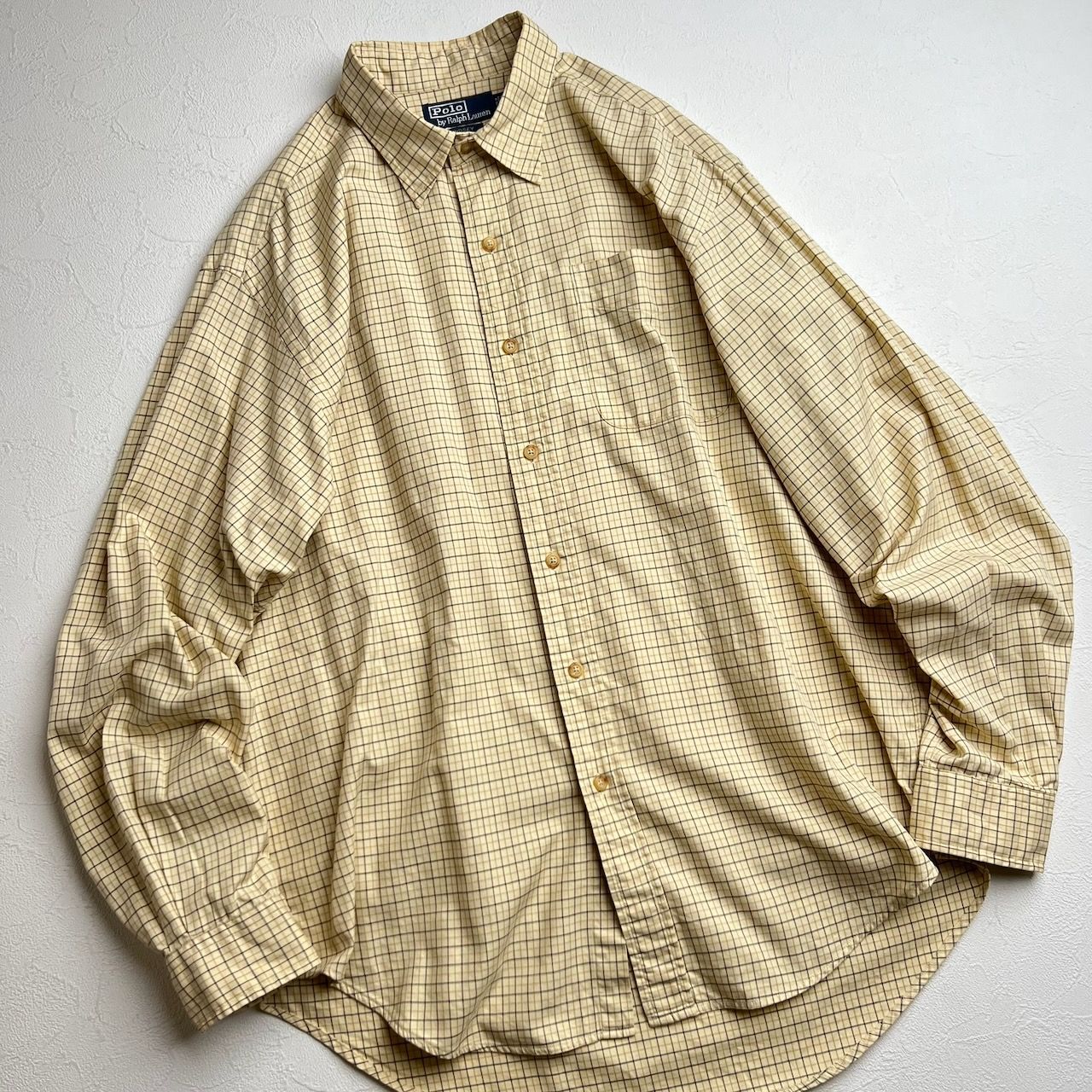 90s Ralph Lauren LINDSEY　胸ポケット　チェック　長袖シャツ　ラルフローレン　クリーム　L 古着