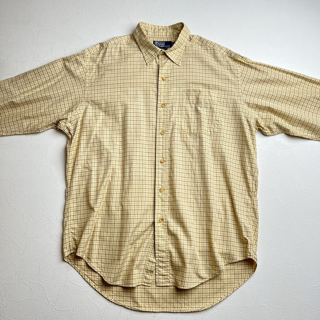 90s Ralph Lauren LINDSEY　胸ポケット　チェック　長袖シャツ　ラルフローレン　クリーム　L 古着