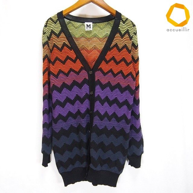 #ax ミッソーニ MISSONI カーディガン I38 黒 マルチ ニット ボーダー グラデーション ラメ Vネック 綿 レディース [776372] k01